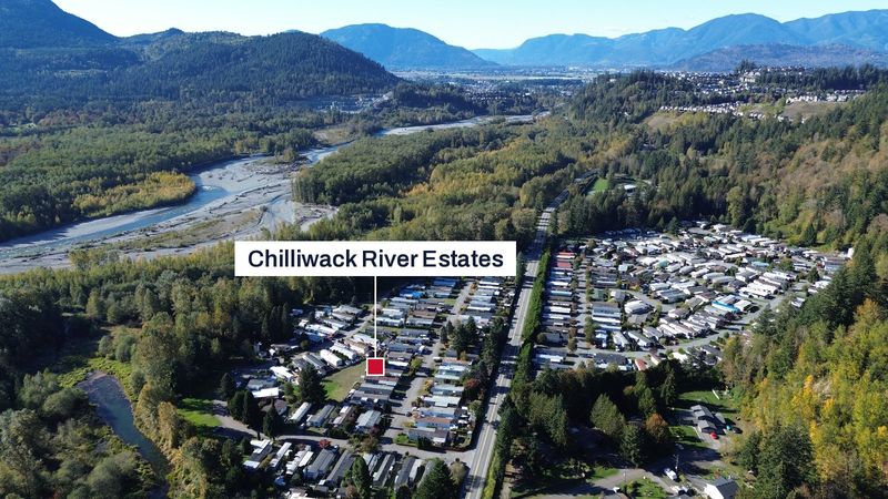 Aerial view down the valley toward Chilliwack, with Chilliwack River Estates labelled beside Chilliwack Lake Road and the river