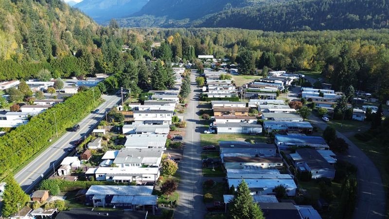 Aerial view along a street in the park, with Chilliwack Lake Road and its hedge on the left