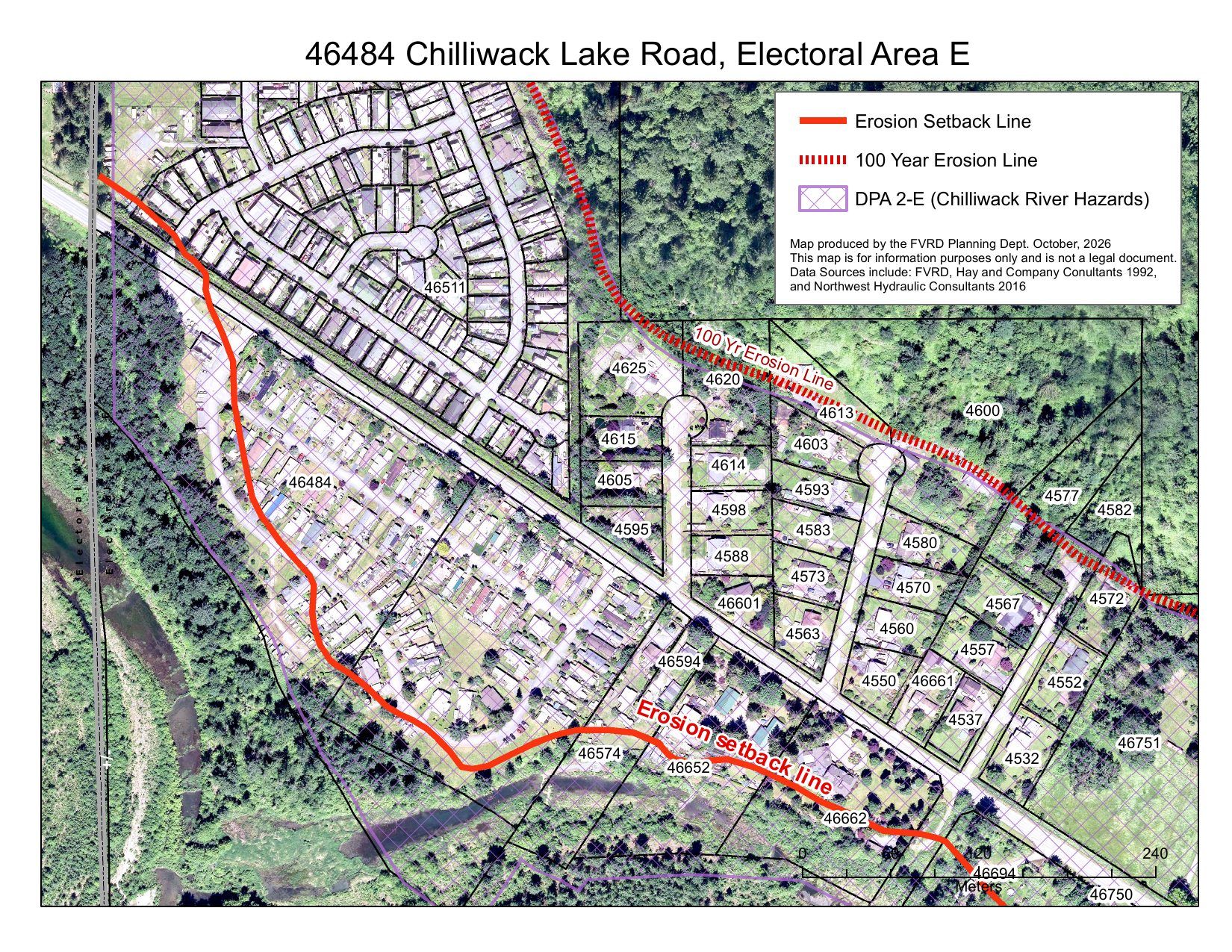 FVRD map of 46484 Chilliwack Lake Road, October 2026, showing the erosion setback line through the park along the river side, the 100-year erosion line across Chilliwack Lake Road, and Development Permit Area 2-E